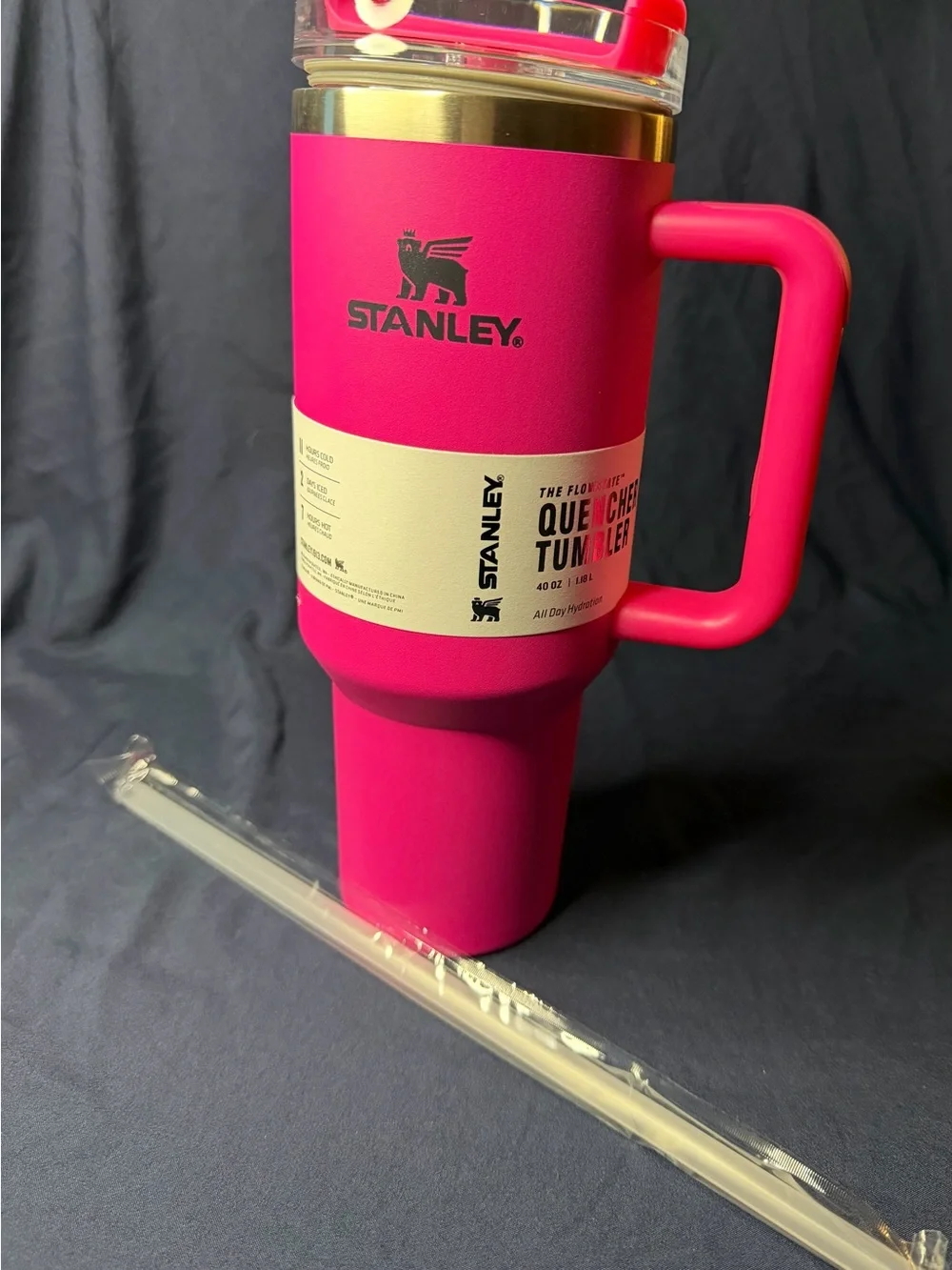Stanley Hot Pink Travel Tumbler with Handle and Clear Lid